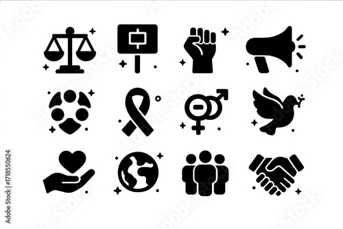 Social Justice Icons. Social Justice. Solid icons set of social justice: scales, protest placard, raised fist, megaphone, unity circle, ribbon, gender equality