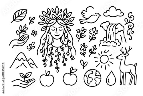 Nature Goddess Doodle. Hand-drawn doodle illustration Nature goddess tree, leaf crown, waterfall, vines, flowers, deer, mountain, bird, sunburst, cloud, wind