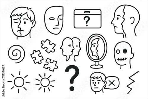 Fragmented Identity Doodle. Hand-drawn doodle illustration broken identity cracked face, half-mask, name tag with question, scattered puzzle pieces, mirror,