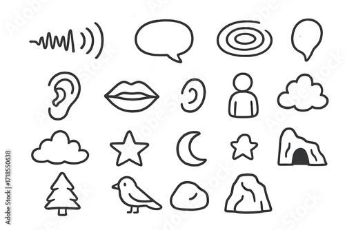 Echo Effect Doodles. Hand-drawn doodle illustration Echo effect sound wave, speech bubble, ripple circle, ear, mouth, person icon, cloud, star, moon, tree,