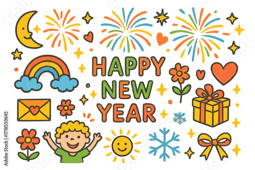 Colorful New Year Doodles. Colorful Hand-drawn doodle Children illustration New Year Greeting Cards fireworks, card, star, moon, rainbow, heart,