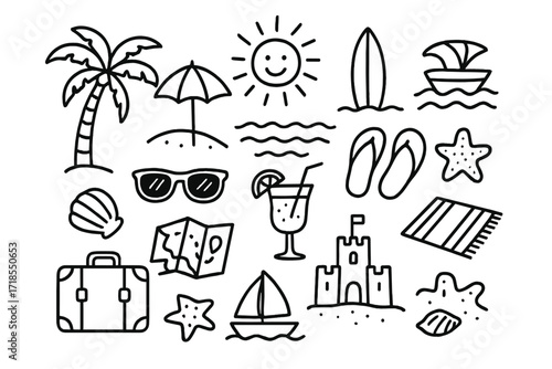 Beach Vacation Doodles. Hand-drawn doodle illustration Beach vacation palm tree, beach umbrella, sunglasses, flip-flops, seashell, sun, waves, surfboard,
