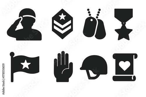 Military Loyalty Icons. Solid, filled icon set of military loyalty and honor: salute, rank badge, dog tags, medal of honor, army flag, oath hand, helmet,