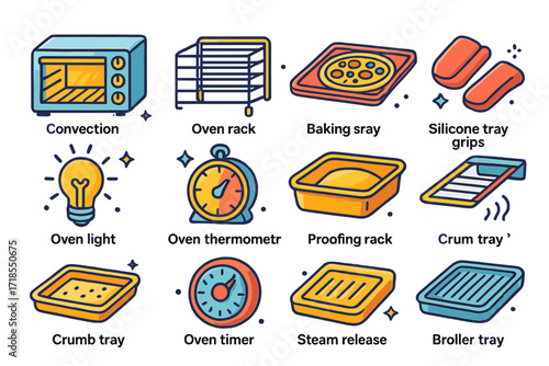 Bakery Oven Tools Icons. Colorful isometric vector icons set of Bakery Oven Tools: convection oven, oven rack, baking tray with pizza, silicone tray grips,
