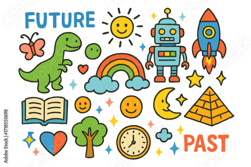 Future Meets Past Doodles. Colorful Hand-drawn doodle Children illustration Future and Past Collide dinosaur, robot, rocket, pyramid, clock, rainbow, sun,