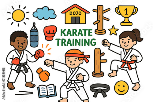 Karate Kids Doodle. Colorful Hand-drawn doodle Children illustration Karate Training [karate gi, black belt, white belt, red belt, gloves, headband, dojo,