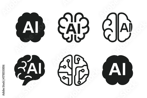 AI Brain Logos. Artificial Intelligence. Set Logo of Artificial Intelligence: AI brain. harmonious logo variations of the same emblematic concept, each with