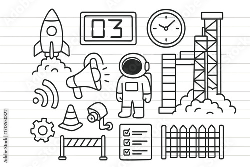 Launch Preparation Doodles. Hand-drawn doodle illustration Launch countdown zone [rocket, number display, countdown clock, control button, loudspeaker,