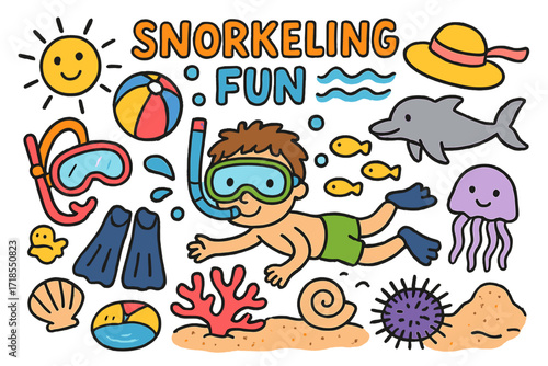 Snorkeling Adventure Doodle. Colorful Hand-drawn doodle Children illustration Snorkeling fun snorkel, flippers, mask, beach ball, coral, sea urchin, jellyfish,