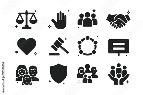 Symbols of Fairness. Fairness. Solid icons set of balanced scale, open hand, group of people, handshake, heart, justice hammer, inclusive circle, equality