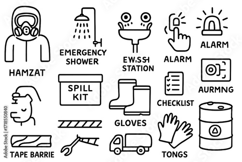 Hazmat Safety Icons. Hand-drawn doodle illustration emergency chemical response hazmat suit, respirator, emergency shower, eye wash station, alarm button,