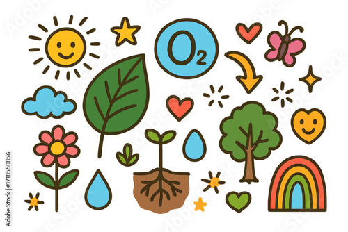 Colorful Nature Doodle. Colorful Hand-drawn doodle Children illustration Oxygen from Plants [leaf, oxygen bubble, tree, flower, sprout, root, rainbow, star,