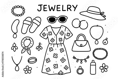 Jewelry and Summer Dresses. Hand-drawn doodle illustration Jewelry with summer dresses [floral dress, straw hat, sunglasses, sandals, beaded bracelet, hoop