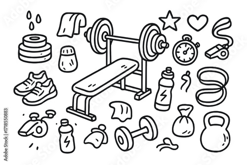 Gym Equipment Doodles. Hand-drawn doodle illustration Gym bench press practice barbell, weight plates, bench, towel, sneakers, stopwatch, water bottle,