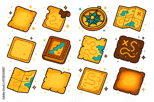 Isometric Ancient Map Icons. Colorful isometric vector icons set of Ancient map aesthetics: parchment texture, burn mark edges, decorative borders, golden ink,