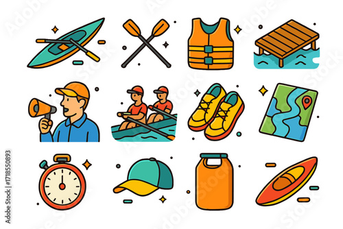 Colorful Rowing Icons. Colorful isometric vector icons set of breakfast table essentials: butter dish, toast rack, jam jar, honey pot, bread basket, egg cup,