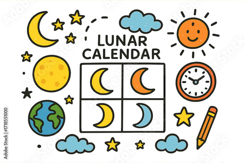 Lunar Calendar Doodles. Lunar Calendar. Colorful Hand-drawn doodle Children illustration calendar, full moon, crescent moon, waxing phase, waning phase, star,