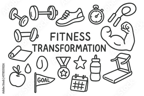 Fitness Journey Icons. Hand-drawn doodle illustration Fitness transformation dumbbell, barbell, running shoe, stopwatch, flexed arm, jump rope, yoga mat,