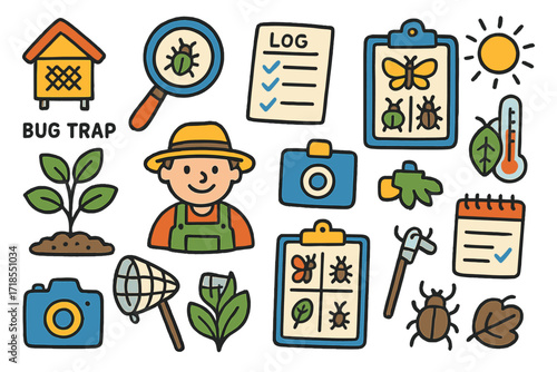 Pest Monitoring Tools. Colorful Hand-drawn doodle Children illustration Pest monitoring tools bug trap, magnifying glass, log sheet, smiling farmer, clipboard,