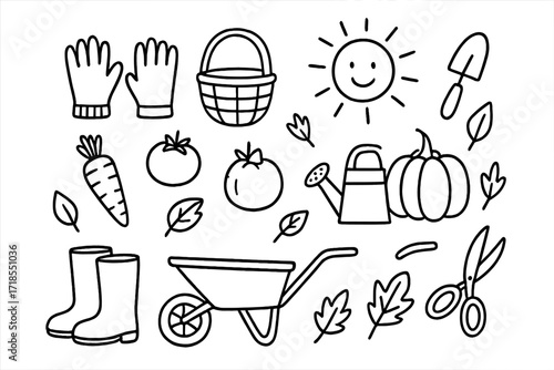 Garden Harvest Doodle. Hand-drawn doodle illustration Harvesting garden gloves gloves, basket, vegetables, fruits, carrot, tomato, pumpkin, shovel, rake,
