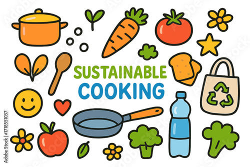 Sustainable Cooking Elements. Colorful Hand-drawn doodle Children illustration sustainable cooking pot, pan, spoon, carrot, tomato, broccoli, bread, apple,