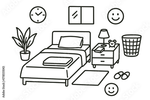 Minimalist Bedroom Doodle. Hand-drawn doodle illustration [Minimalist tidy bed] [single pillow, flat sheet, tidy corner, headboard, folded blanket, plant pot,