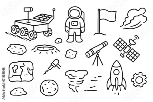 Mars Exploration Doodles. Hand-drawn doodle illustration Mars exploration [rover, wheel tracks, solar panel, antenna, astronaut, flag, crater, rock, drill,