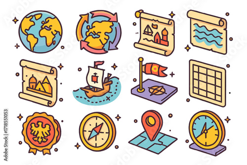 Historical Map Icons. Colorful isometric vector icons set of Historical world maps: flat earth diagram, trade route arrows, old continent borders, oceanic