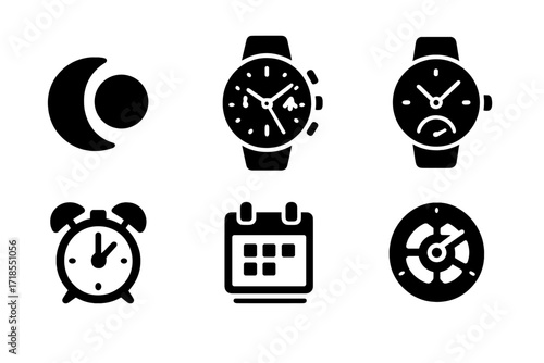 Watch Complications Icons. Solid, filled icon set of watch complications: moon phase, chronograph, GMT, power reserve, alarm, calendar, minute repeater,