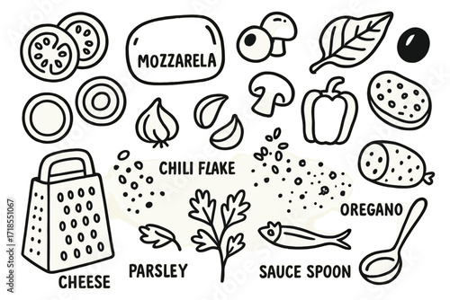 Pizza Topping Ingredients. Hand-drawn doodle illustration Pizza topping ingredients tomato slices, mozzarella, basil leaf, olives, mushrooms, bell pepper,