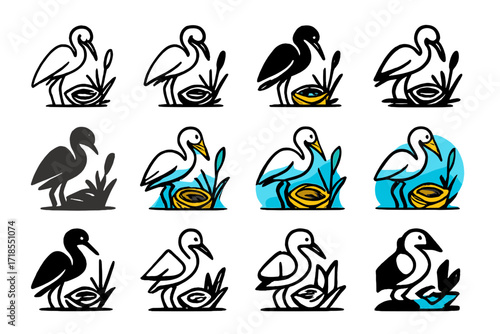 Egret Nest Logo Design. Set Logo of Waterbird Nesting: Egret near reed nest. Logo set in vector style, emblematic variations. line, bold thick line, solid