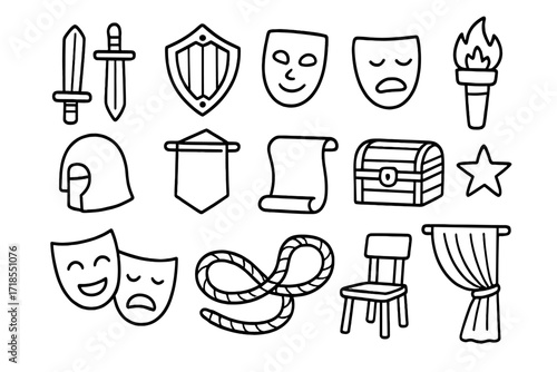 Theatrical Props Doodle. Hand-drawn doodle illustration stage sword props sword, fake dagger, wooden shield, mask, torch, helmet, banner, scroll, chest, star,
