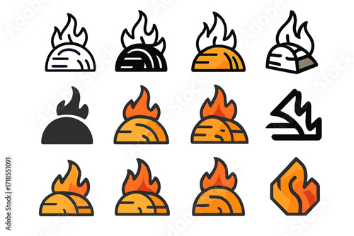 Devastated Village Logos. Set Logo of Devastated village: Burned haystack. Logo set in vector style, emblematic variations. line, bold thick line, solid black