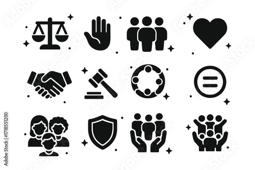 Icons of Justice. Fairness. Solid icons set of balanced scale, open hand, group of people, handshake, heart, justice hammer, inclusive circle, equality symbol,