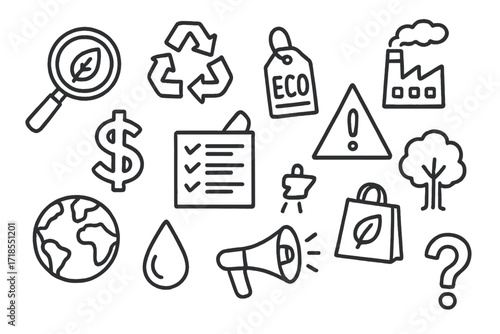 Greenwashing Awareness Doodles. Hand-drawn doodle illustration greenwashing awareness magnifying glass, leaf symbol, recycling sign, factory with smoke, dollar