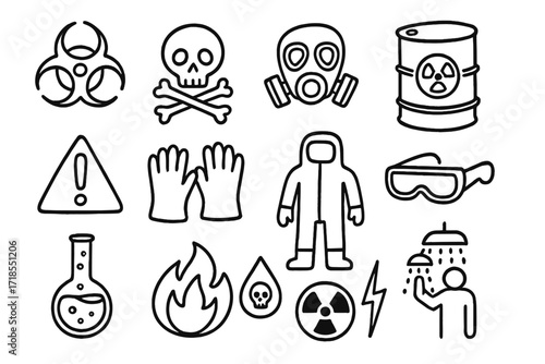 Hazard Symbols Illustration. Hand-drawn doodle illustration [Hazardous materials] [biohazard symbol, skull and crossbones, gas mask, chemical barrel, warning