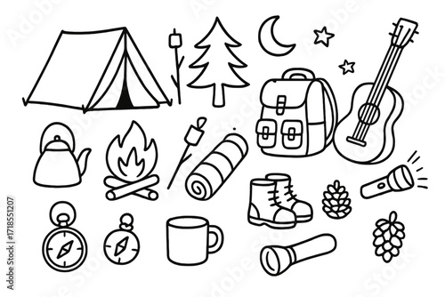 Camping Essentials Doodle. Hand-drawn doodle illustration camping trip tent, campfire, backpack, sleeping bag, marshmallow stick, guitar, flashlight, tree,