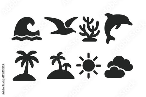 Yacht Icon Set. Solid, filled icon set of yacht environmental elements: ocean wave, seagull, coral reef, dolphin, palm tree, island, sun, clouds. Solid, filled