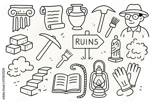 Exploring Ancient Ruins. Hand-drawn doodle illustration Exploring ancient ruins broken column, scroll, ancient pottery, bricks, archaeologist, pickaxe, brush,
