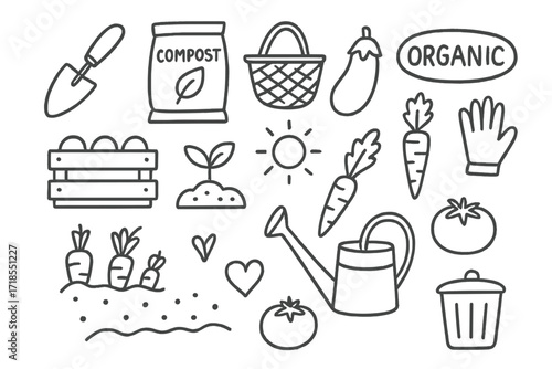 Organic Farming Doodles. Hand-drawn doodle illustration Organic farming tools trowel, compost bag, basket, eggplant, sprout, crate, organic label, carrot, sun,