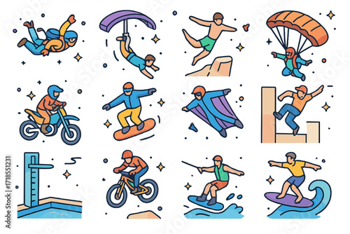 Extreme Sports Icons. Colorful isometric vector icons set of Extreme jump sports: skydiver freefall, bungee jump from bridge, cliff diver mid-air, base jumper