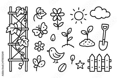 Garden Doodle Icons. Hand-drawn doodle illustration Garden vine trellis vine leaf, tendril, flower, branch, sprout, soil, seed, droplet, star, butterfly, sun,