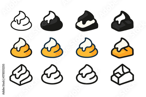 Fatty Cream Logo Grid. Set Logo of Fatty Cream Topping: Cream drizzle accent. Logo set in vector style, emblematic variations. line, bold thick line, solid