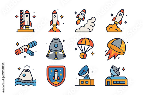 Space Icons Collection. Colorful isometric vector icons set of spaceship launch and landing scenes: vertical launchpad, rocket ignition, smoke trail, lift-off