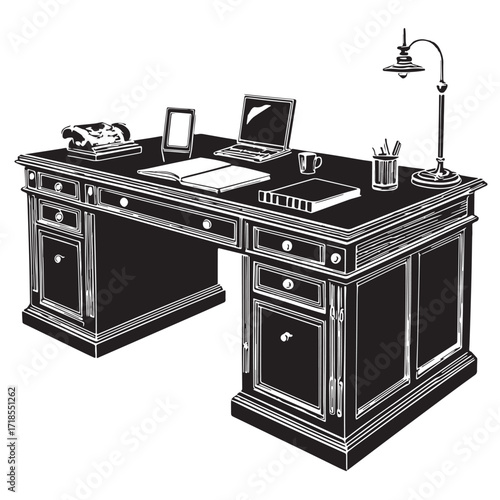 Black office desk Silhouette Vector, High Quality Illustration on White Background