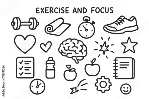 Fitness Doodle Icons. Hand-drawn doodle illustration Exercise and focus [dumbbell, yoga mat, running shoe, heart, stopwatch, checklist, brain, spark, star,