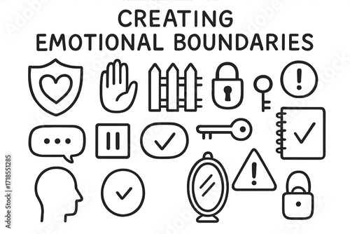 Emotional Boundaries Icons. Hand-drawn doodle illustration [Creating emotional boundaries] [shield, heart, stop hand, fence, lock, key, circle, exclamation