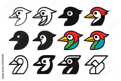 Woodpecker Logo Variations. Set Logo of Woodpecker: Woodpecker claw grip. Logo set in vector style, emblematic variations. line, bold thick line, solid black