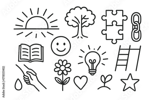 Resilience and Recovery Icons. Hand-drawn doodle illustration resilience and recovery sunrise, strong tree, smiling face, open book, puzzle piece, chain link,
