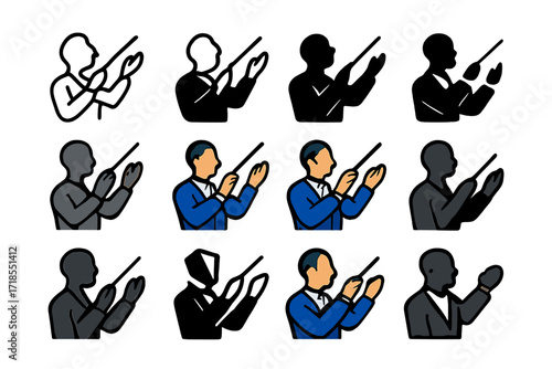 Orchestra Logo Variations. Set Logo of Symphony Orchestra: Orchestra Conductor. Logo set in vector style, emblematic variations. line, bold thick line, solid